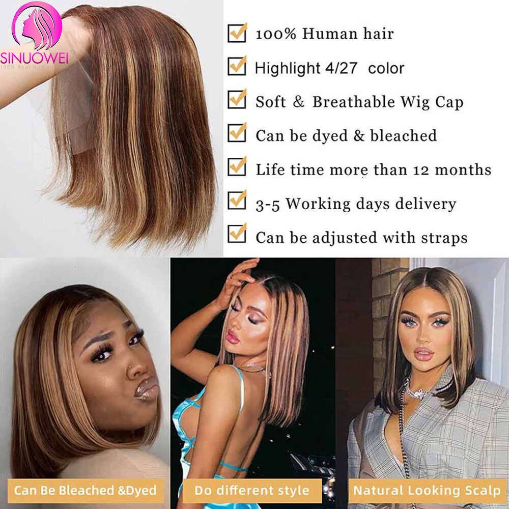 Highlight Colored Human Hair 4x4 Brazilian Wigs 13x4 Front Honey Blonde Bob Lace Closure Wig