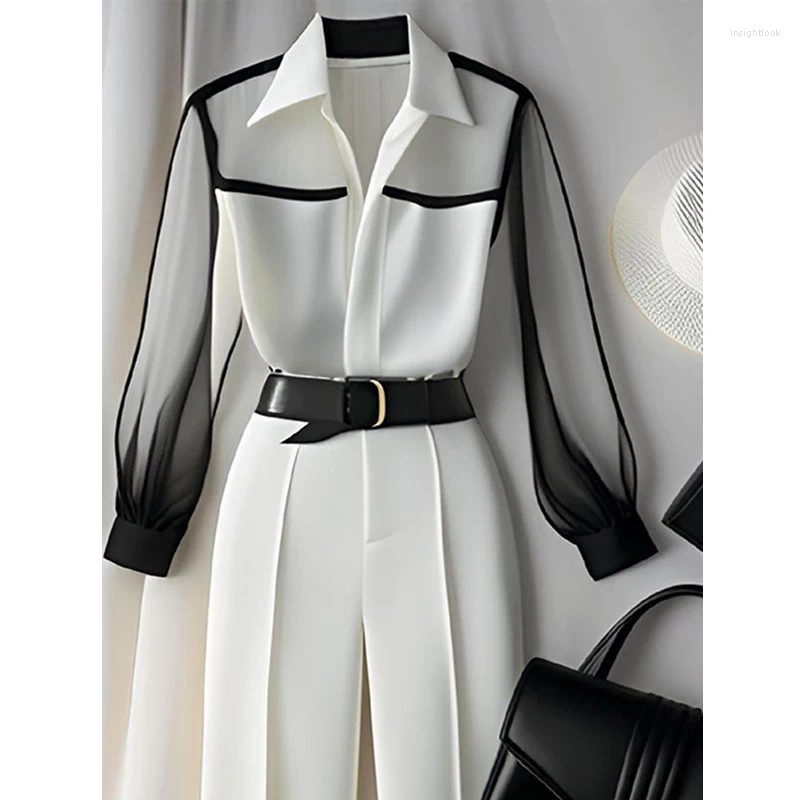 Women's Two Piece Pants 2 Sets Women Korean Fashion Contrast Color Shirt Office Lady Elegant Business Casual Blouse High Waist Straight Suit