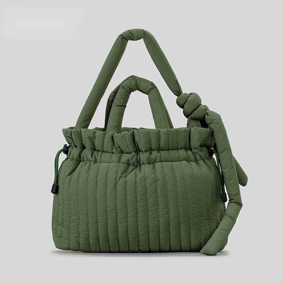 CMM Autumn Winter Fluffy Drawstring Shoulder Bag Nylon Cloth Clip Cotton Folded Cloud Bag Striped Large Capacity Tote Bag Women 241015