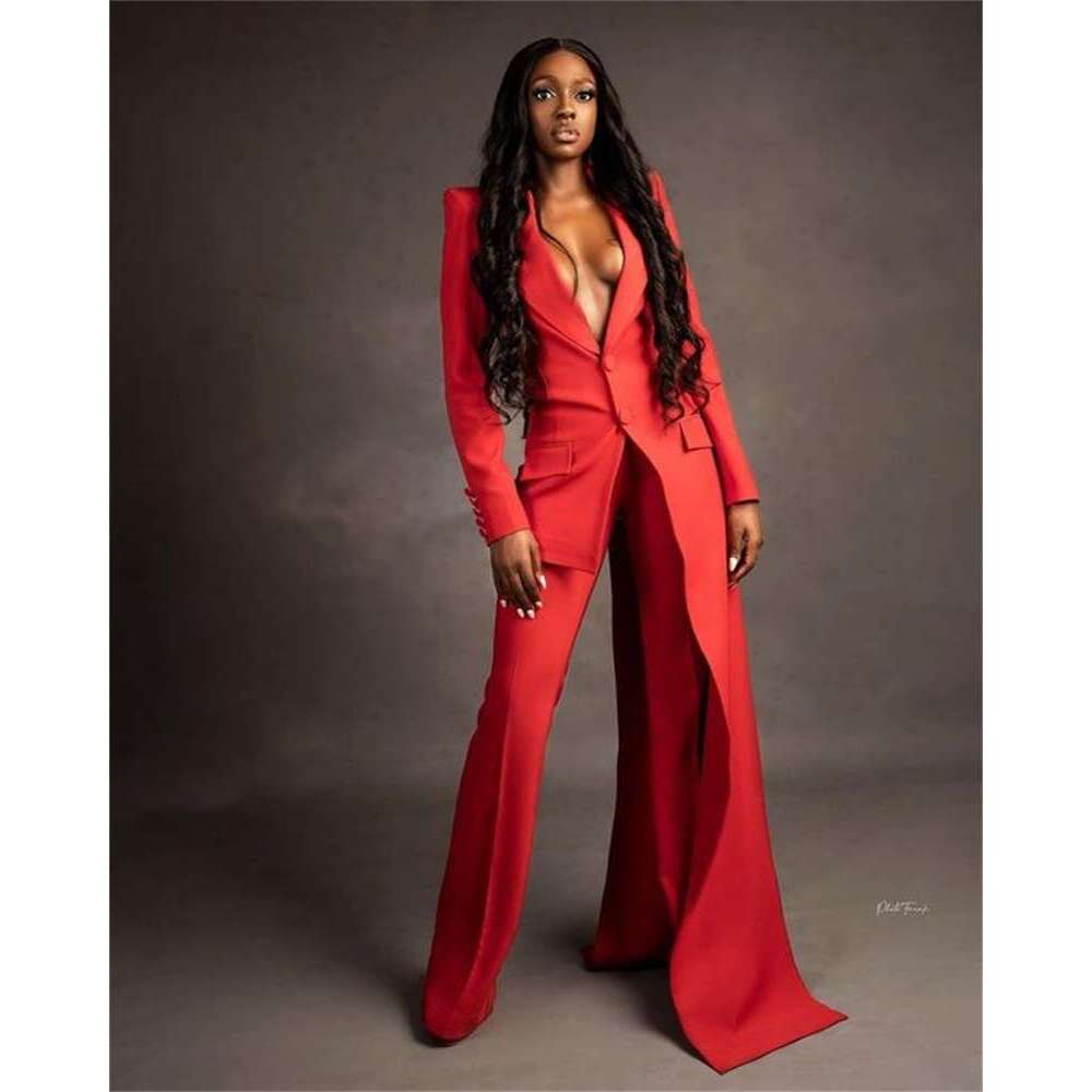Red Women Suits Set 2 Pieces Super Long Blazer Wide Leg Pants Custom Made Fashion Office Lady Or Length Party Prom Dress Bc19659 0218