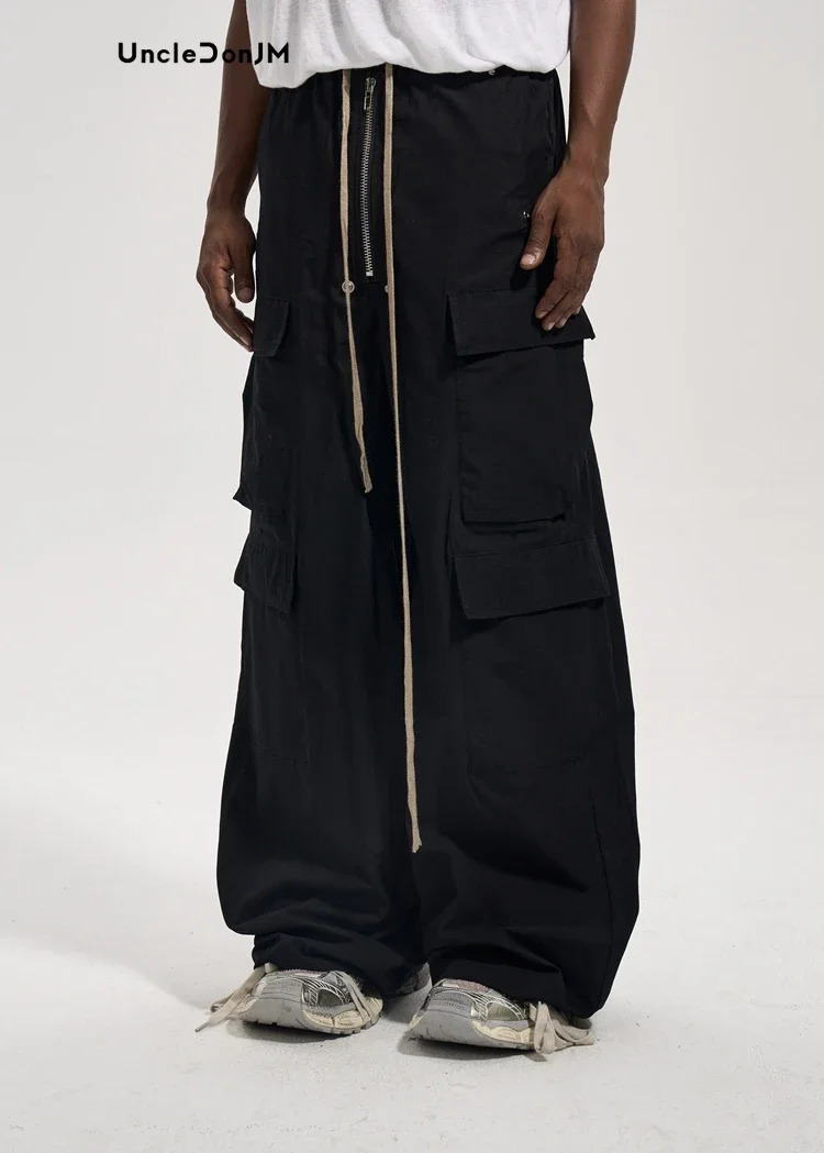 Retro zipper side pocket cargo pants Flared casual pants for men Y2k bagged pants Japanese streetwear mens style 241022