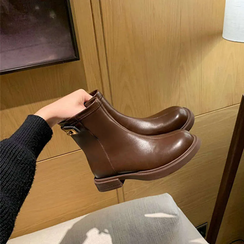 2024 Womens Boots Are Waterproof Warm New British Wind Round Head Back Zipper Bottom Thick Split Leather Short Boots Women