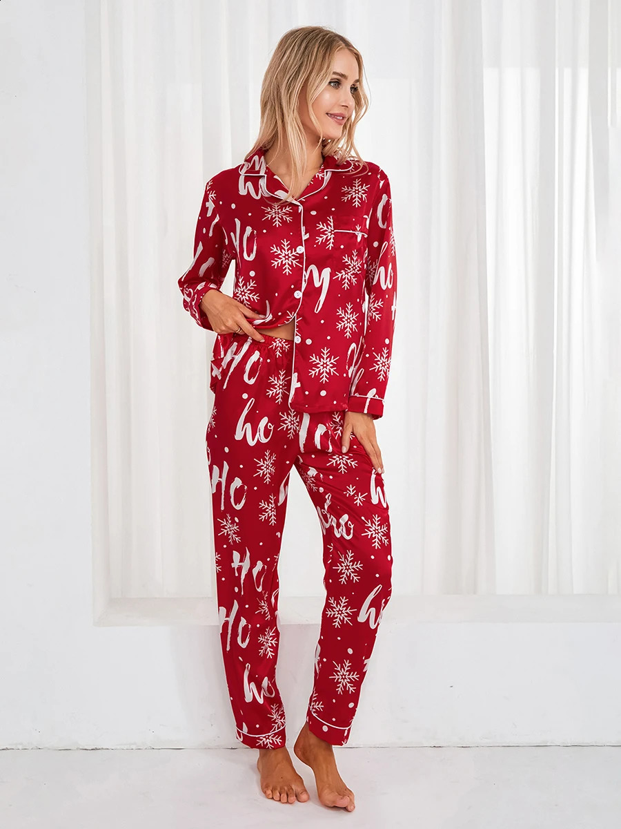 Womens 2-piece pajama set Christmas long sleeved button toppants set Autumn loose pajama casual wear 241021