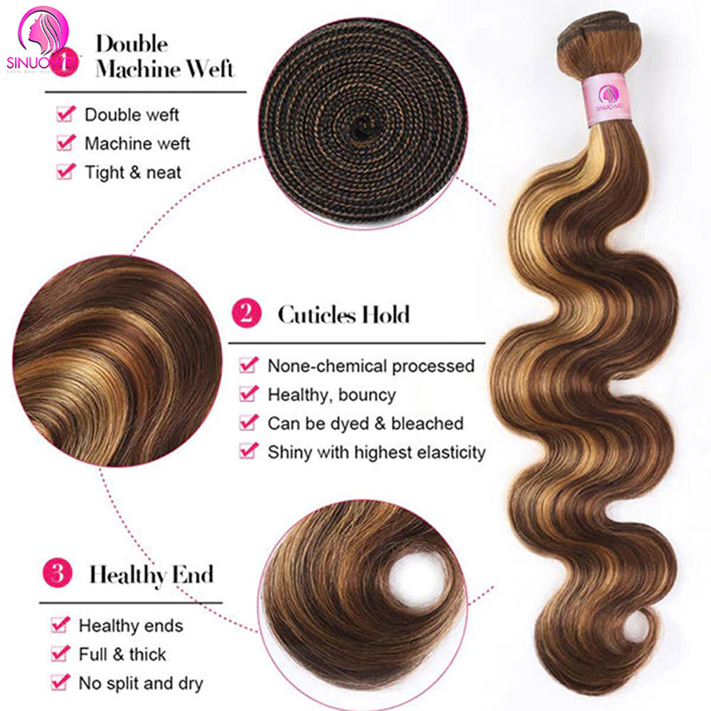 30 32 Inch Highlight Body Wave 100% Human P4/27 Honey Brown Brazilian Bundles 1 3 4 Remy Hair Bundle