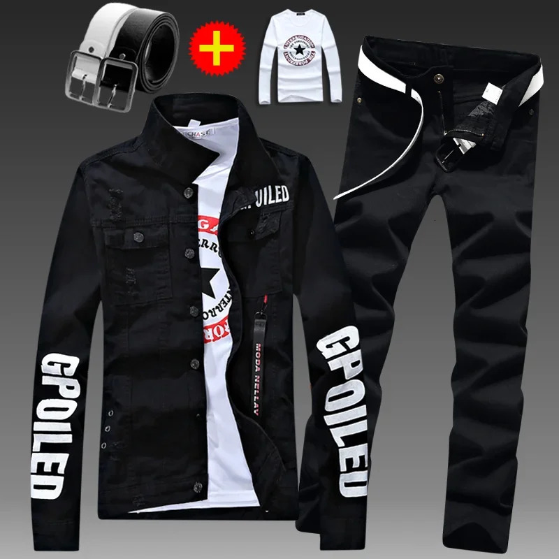 Mens slim fit denim jacket 2-piece set long sleeved Coats letter printed casual plus size black and white mens Trouser 241022 - view 3