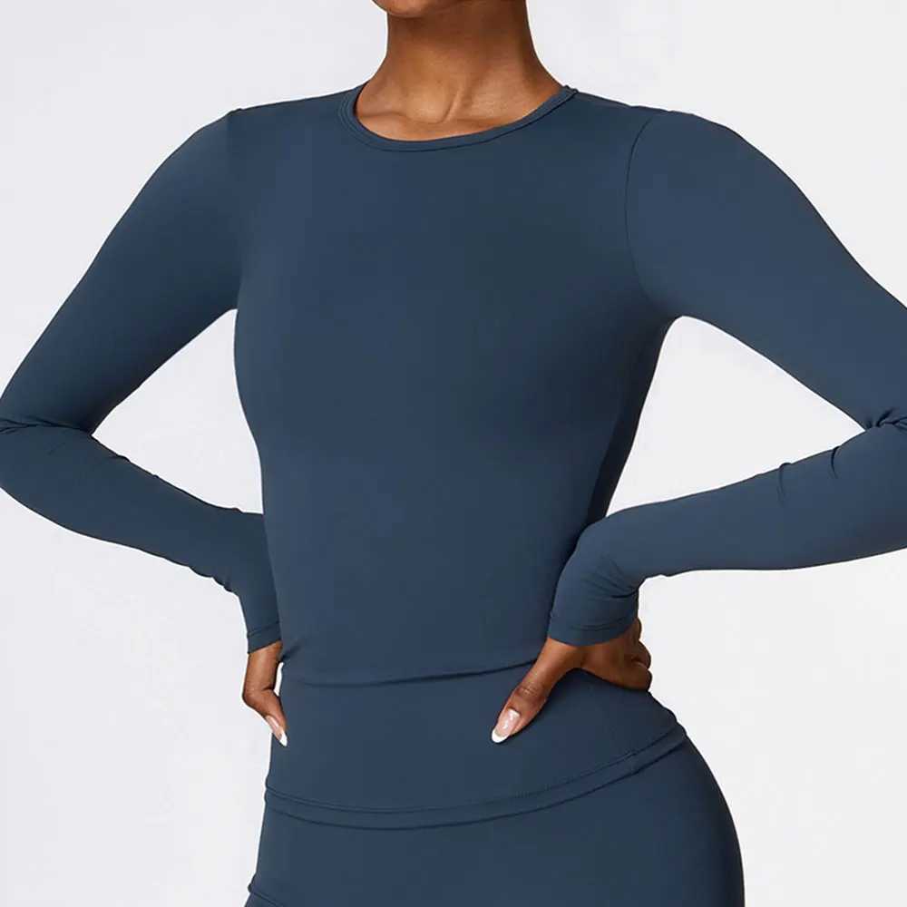 Womens yoga T-shirt solid sports top long sleeved gym workout running shirt sexy exposed navy blue quick drying fitness gym sportswear W250326