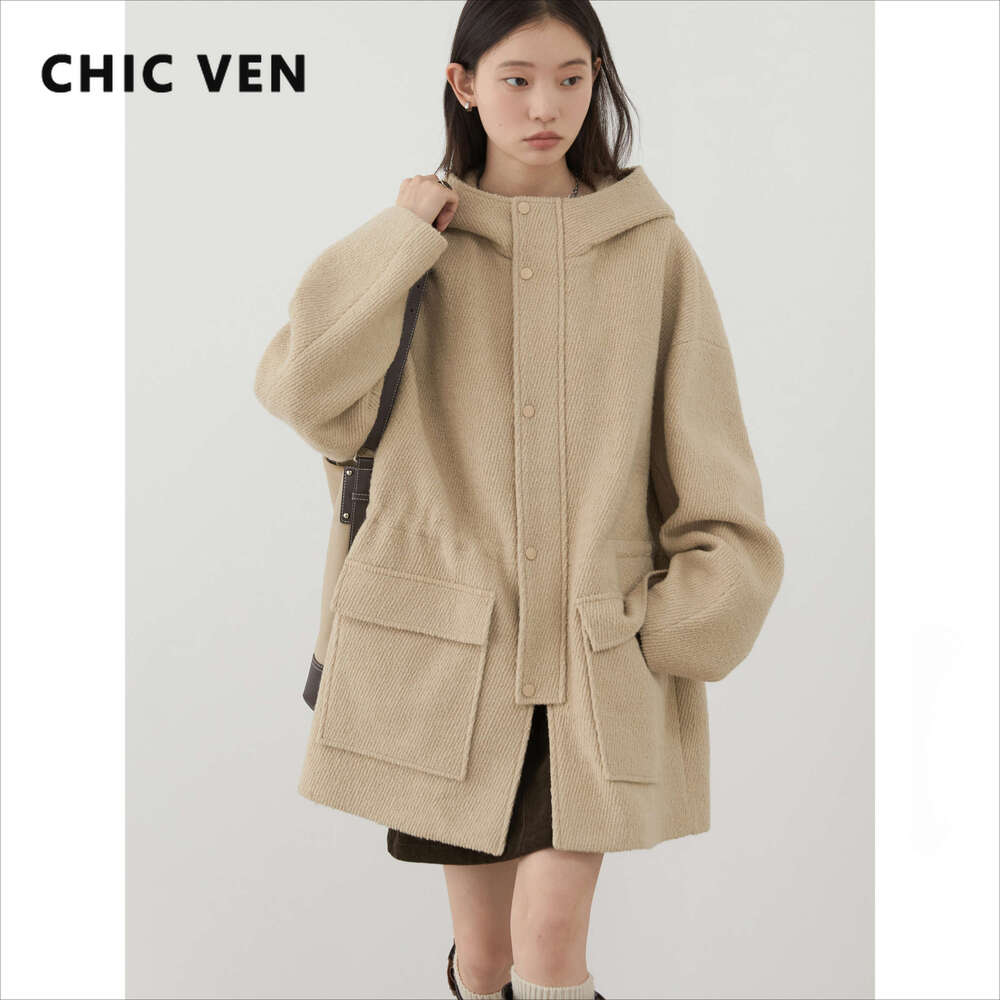 CHIC VEN Women's Woolen Coat Loose Solid New British Hooded Jackets Drawstring Mid-Length Ladies Windbreaker Autumn Winter 250526