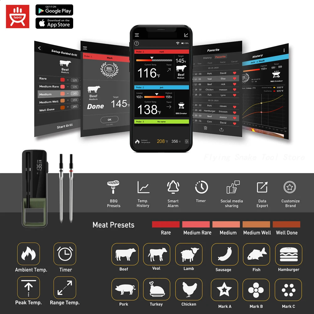 Wireless meat thermometer food remote control single/dual probe intelligent digital Bluetooth barbecue thermometer for kitchen cooking oven and barbec