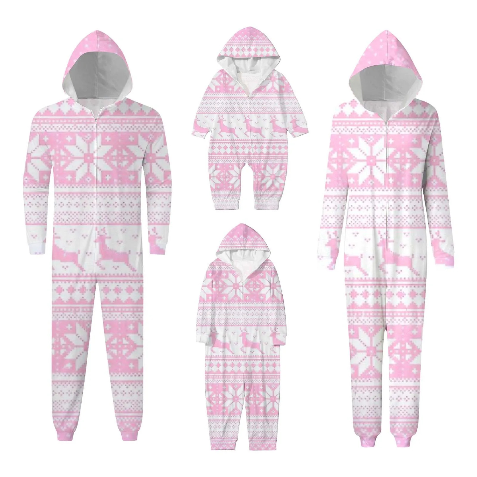 Snowflake Print Pink Family Matching Hooded Jumpsuit Christmas Home Clothes For Family Parent Child Christmas Pajamas navidad 241022