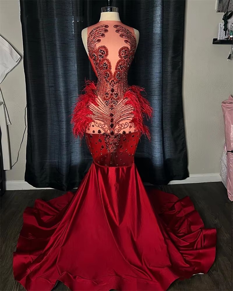 Red O Neck Long Prom Dresses For Black Girls Bead Crystal Rhie 2025 Birthday Dress Feather Graduation Gown