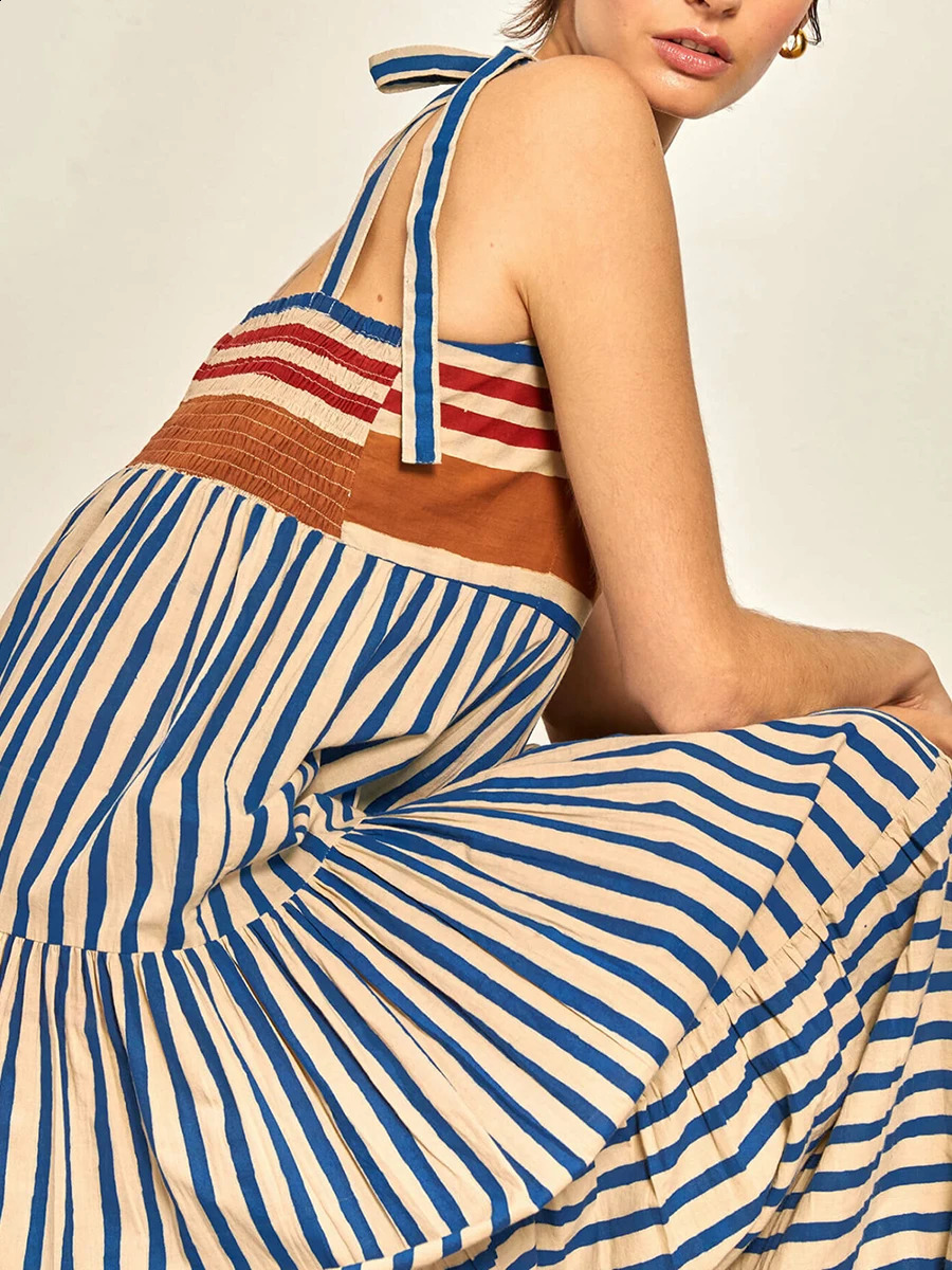 Women Maxi Dresses Summer Casual Sleeveless Open Back Low Cut Flowy Stripe Shrimp Print Dresses 90s Vintage Long Cami Dress 241021