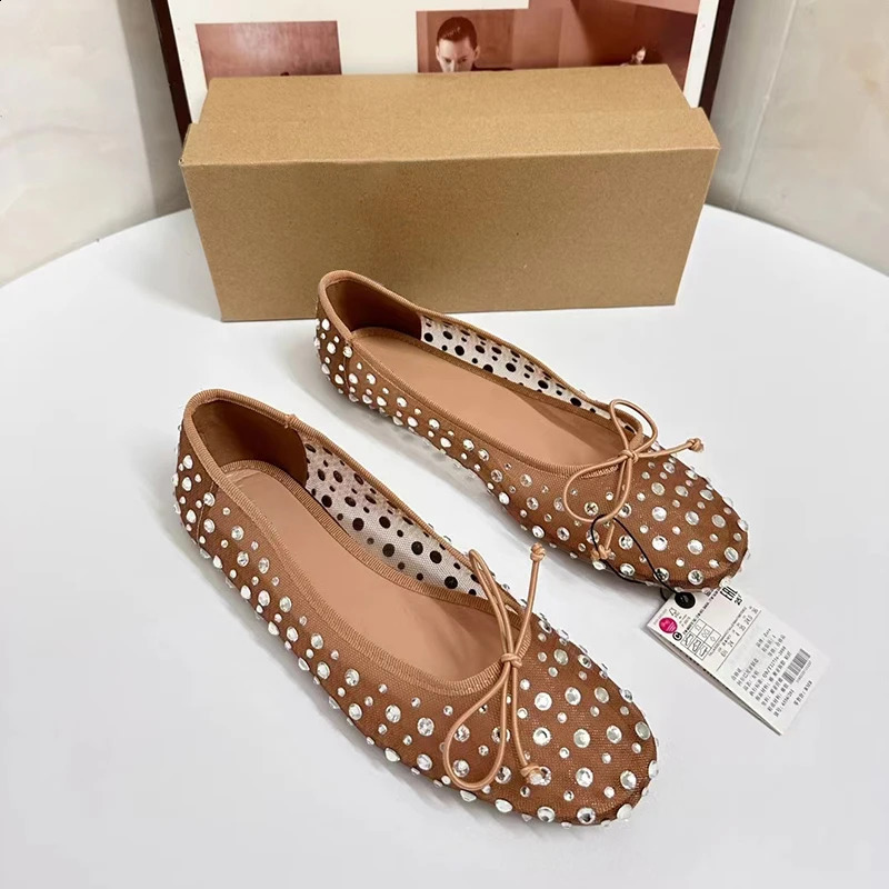 Metal Dots Breathable Mesh Boat Shoe Sandal Round Head Shallow Mouth Flat Shoes Summer Bow Knoit Flated For Woman 241028
