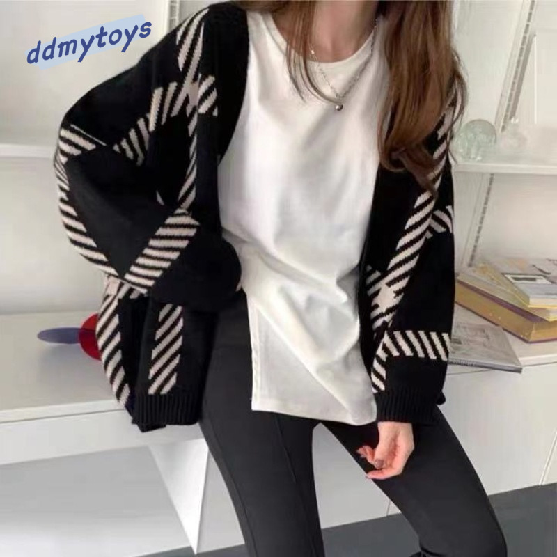 Ddmytoys Korean Version Chic Autumn And Winter Lazy Style V Neck Contrasting Stripe Design Loose Casual Long Sleeved Knitted Sweater F1023#36