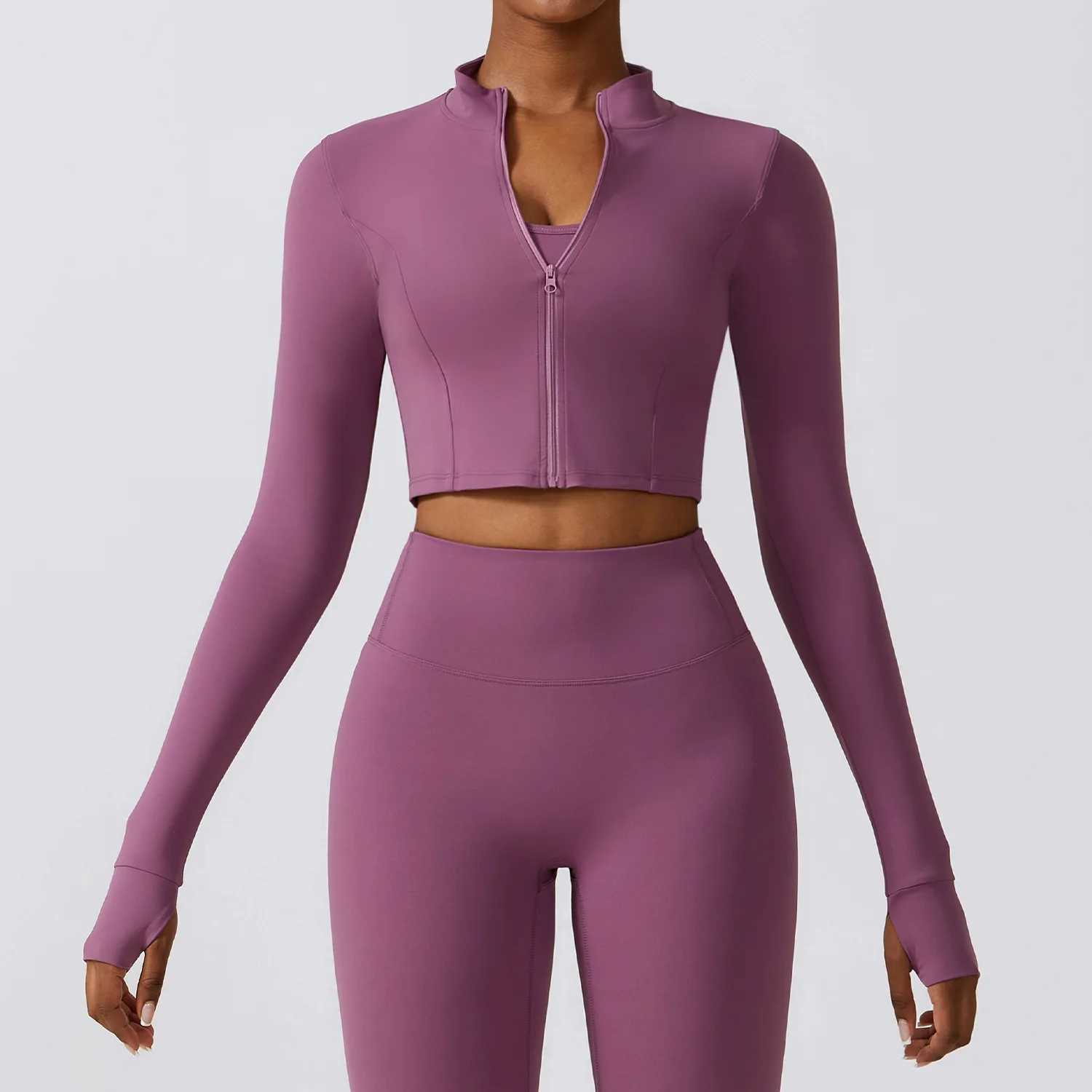 Womens long sleeved top zipper jacket yoga shirt running T-shirt fitness gym sports top training top top W250326