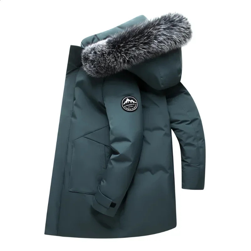 Winter long mens down jacket and fashionable hooded large fur collar warm white duck down jacket mens casual windproof Parka 241021