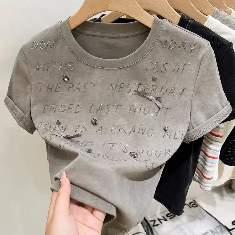 Women's T Shirts Fashion Versatile Casual Heavy Industry Diamond Letter Short Sleeve T-Shirt 2024 Summer Slim-fit Crew Neck Top