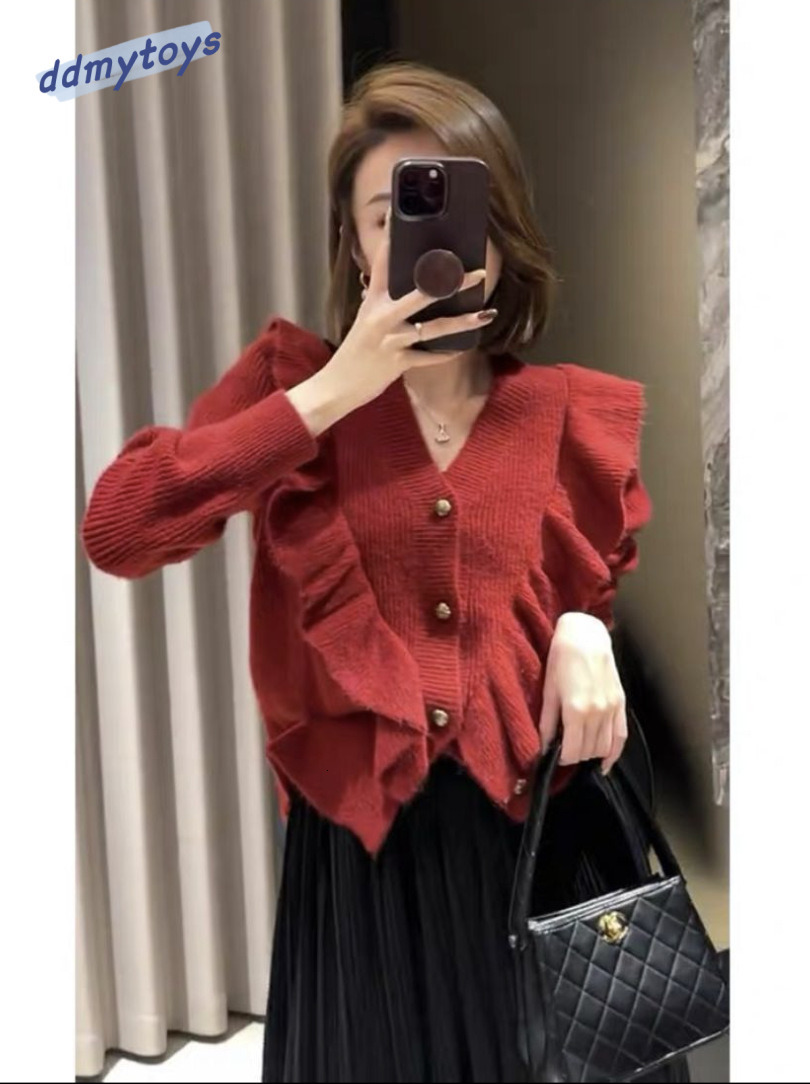 Ddmytoys Autumn And Winter New Design Sense Ruffle Solid Color Sweater Black Fungus Edge Knitted Cardigan Women S Loose Sweater Jacket F1023#45