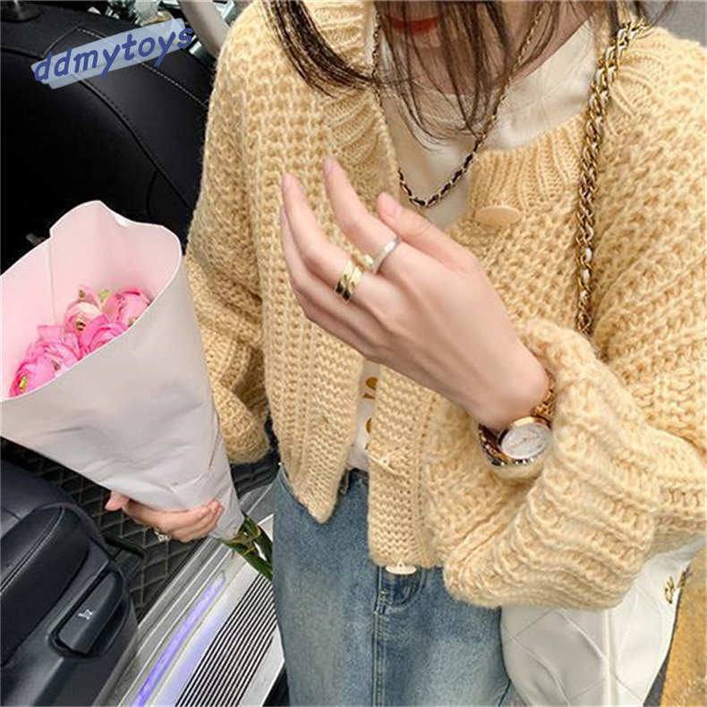 Ddmytoys Autumn New Solid Color Yarn Ingot Needle Round Neck Short Knitted Cardigan For Women Loose And Slimming Casual Sweater F1023#35
