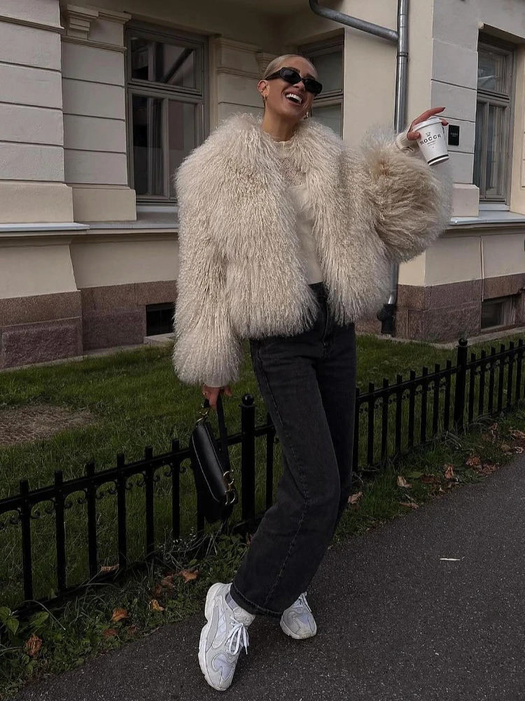 Artificial Mongolian Sheepskin For Women Wool Leather Jacket Long Sleeved Short Haired Coat Streetwear Warm Winter RR 241022