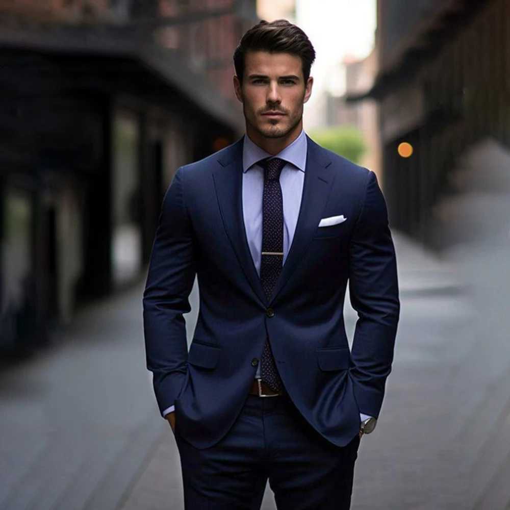Elegant Navy Blue Solid Men Suits Two Piece Formal Notch Lapel Single Breasted Slim Fit Outfits Office Business Casual Suits LX241022