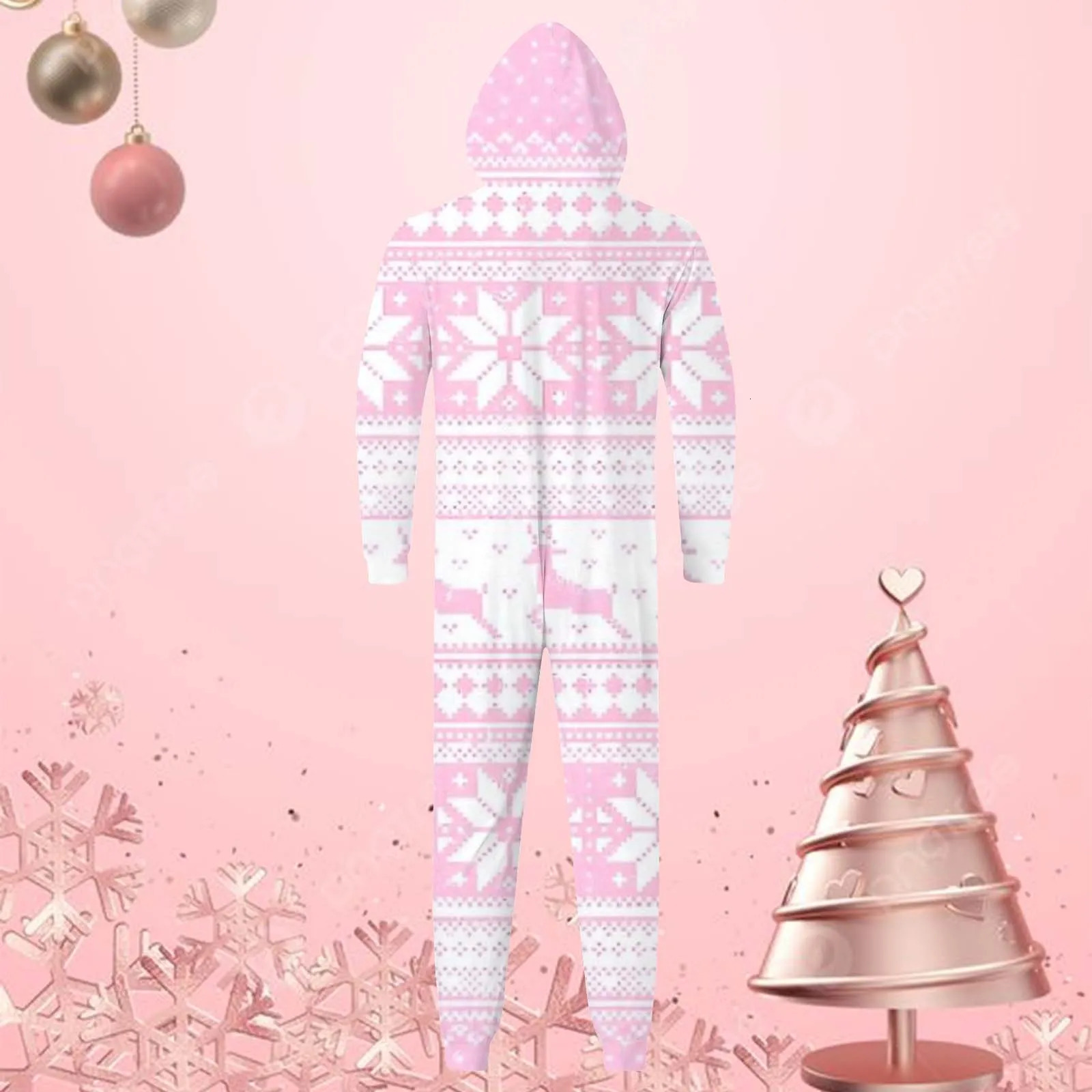 Snowflake Print Pink Family Matching Hooded Jumpsuit Christmas Home Clothes For Family Parent Child Christmas Pajamas navidad 241022