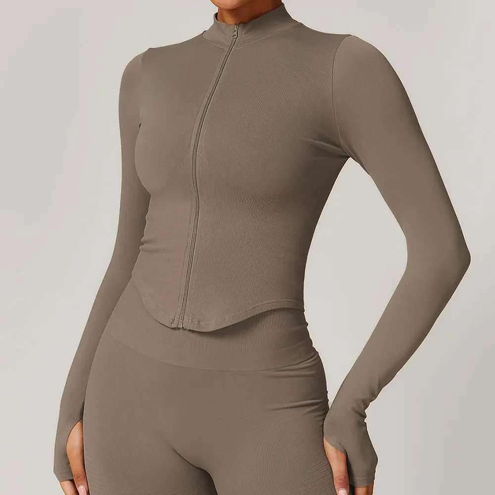 Zipper jacket womens crop top yoga T-shirt solid sports top long sleeved running shirt sexy quick drying fitness gym sportswear W250326