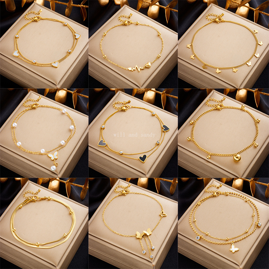 Designer Gold Stackable Anklet Bracelet Designer Crystal Butterfly Love Heart Bead Charm Foot Chain Bracelets for Women Girls Summer Fashion Fine Jewe
