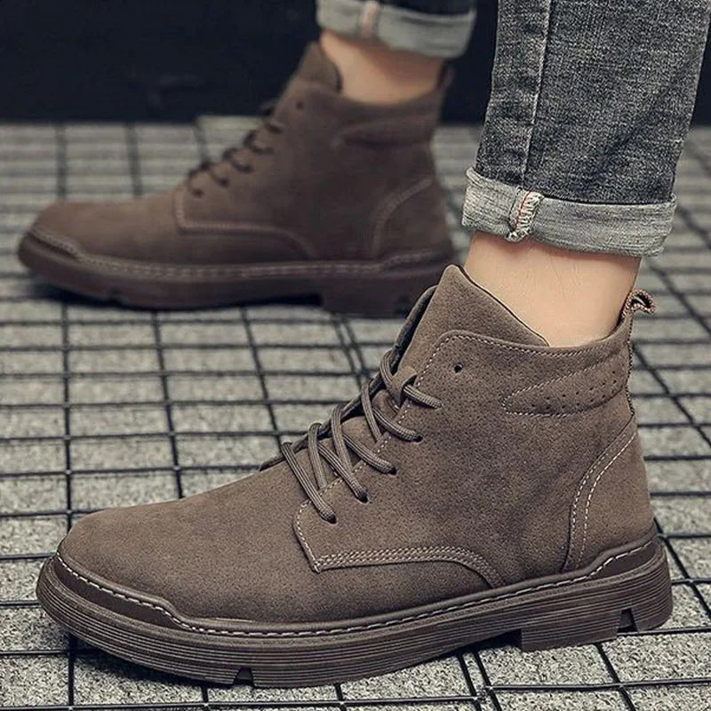 Autumn Men Street Trend Motorcycle Winter Flat Lace-up Suede Ankle Boots Thickened Botas Hombre Piel 241021