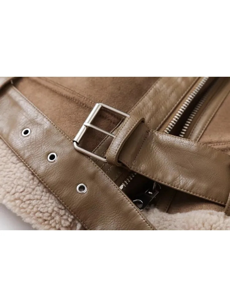 Womens Faux Fur Sheepskin Coat Suede With Belt Casual Thick Warm Bicycle Zipper Oversized Leather Windproof Jacket 241022
