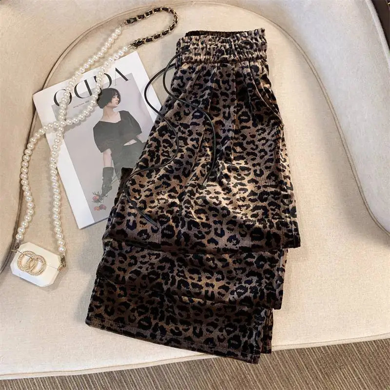 Deeptown Retro Leopard Harajuku Womens Pants Animal Printed Elastic Waist Wide Leg Bag Trouser American Retro Autumn Casual 241021