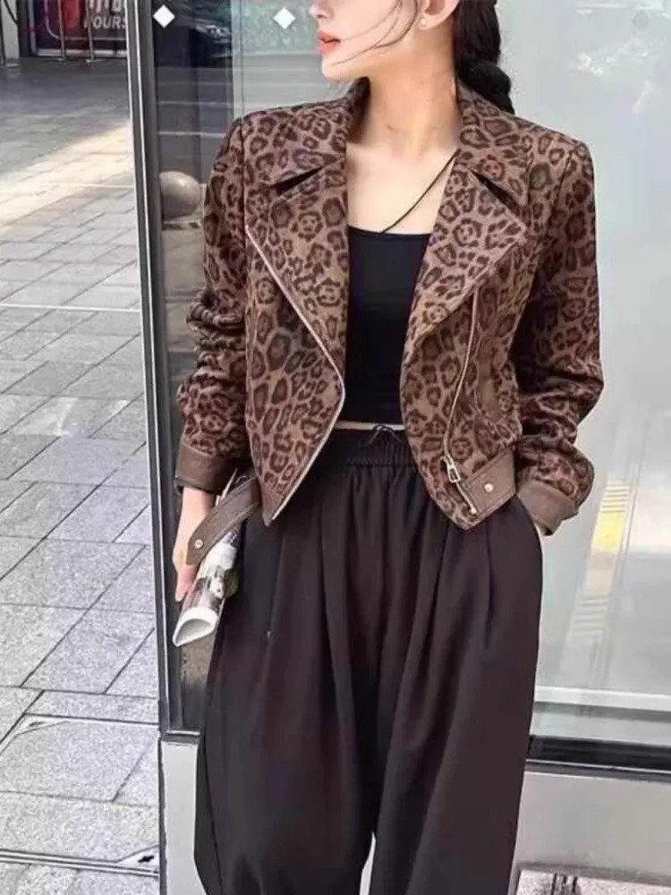 Leopard Print Collar Short Jacket Womens Autumn/Winter Fashion Product Retro Small Fashion Versatile Top 241021