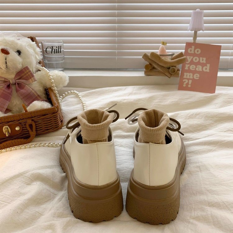 Leather Shoes: Vintage Round Toe Platform Shoes, Black/Beige 66e7