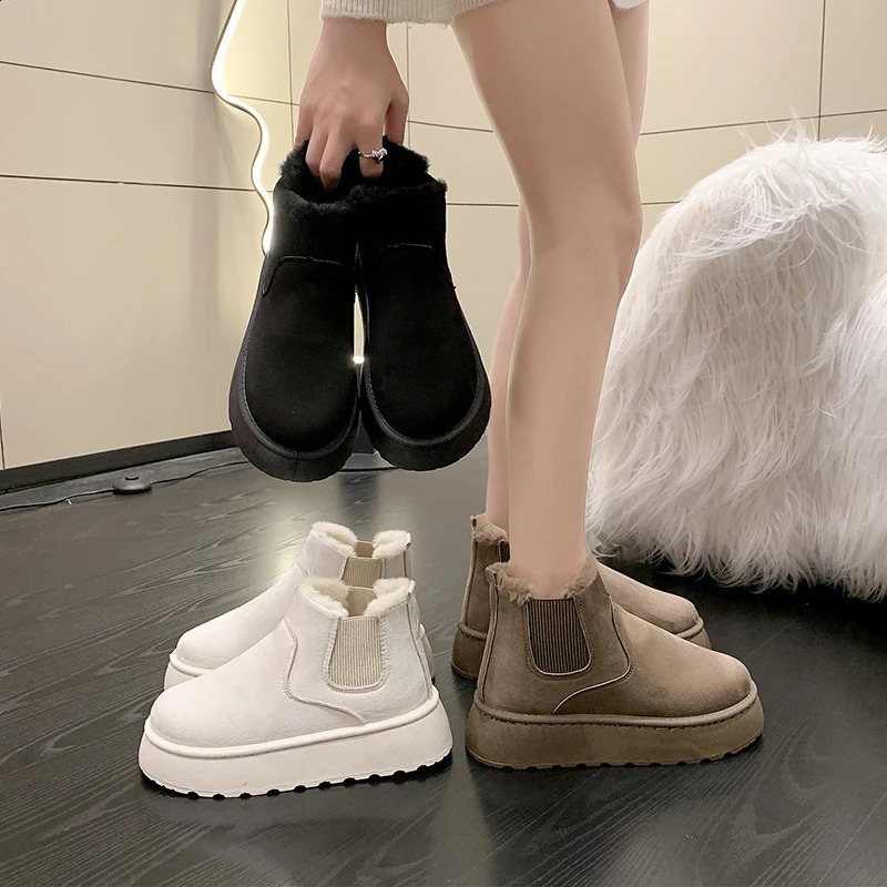 Winter Women Short Plush Warm Non-Slip Snow Casual Suede Fur Ankle Boots Flats Platform Ladies Shoes 241021