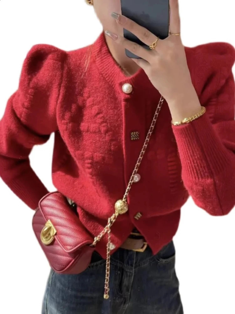 autumn and winter knitted cardigan womens long sleeved Christmas party red fashionable sweater shirt 241021