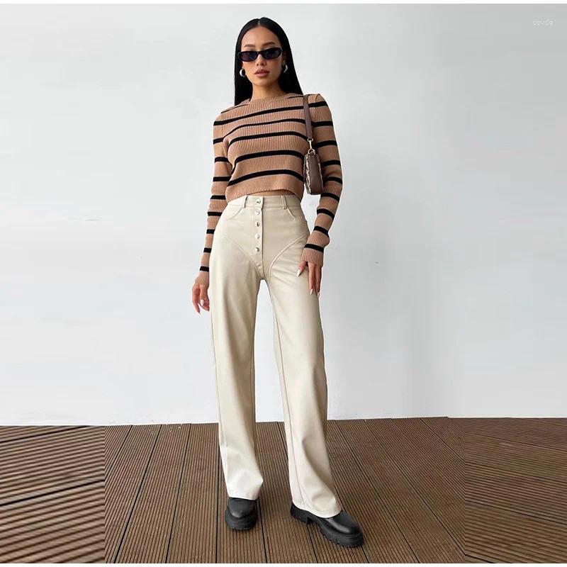 Women's Pants Casual Loose Leather Women High Waist Wide Legs Solid Pocket Pu Trousers Female Autumn Straight Belt Streetwears Lady