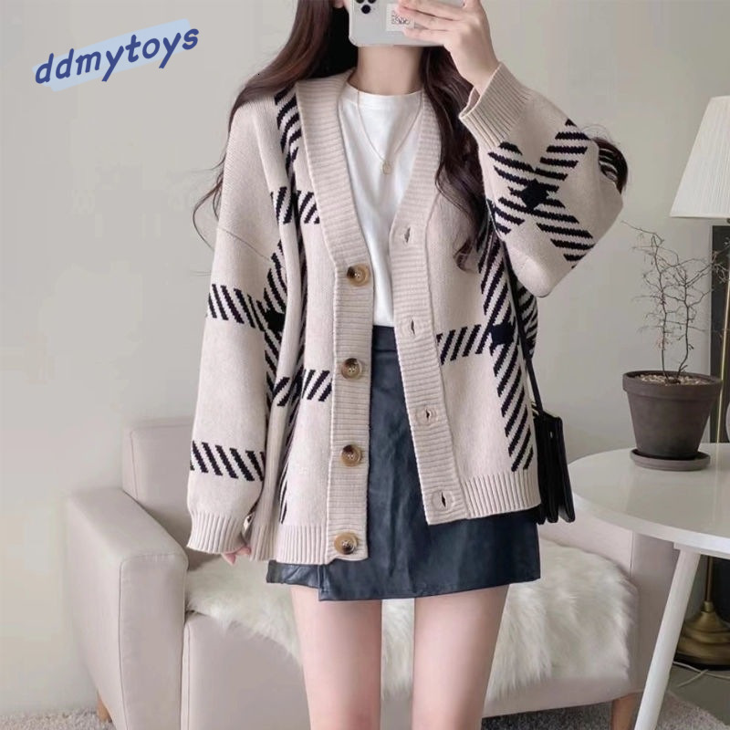 Ddmytoys Korean Version Chic Autumn And Winter Lazy Style V Neck Contrasting Stripe Design Loose Casual Long Sleeved Knitted Sweater F1023#36
