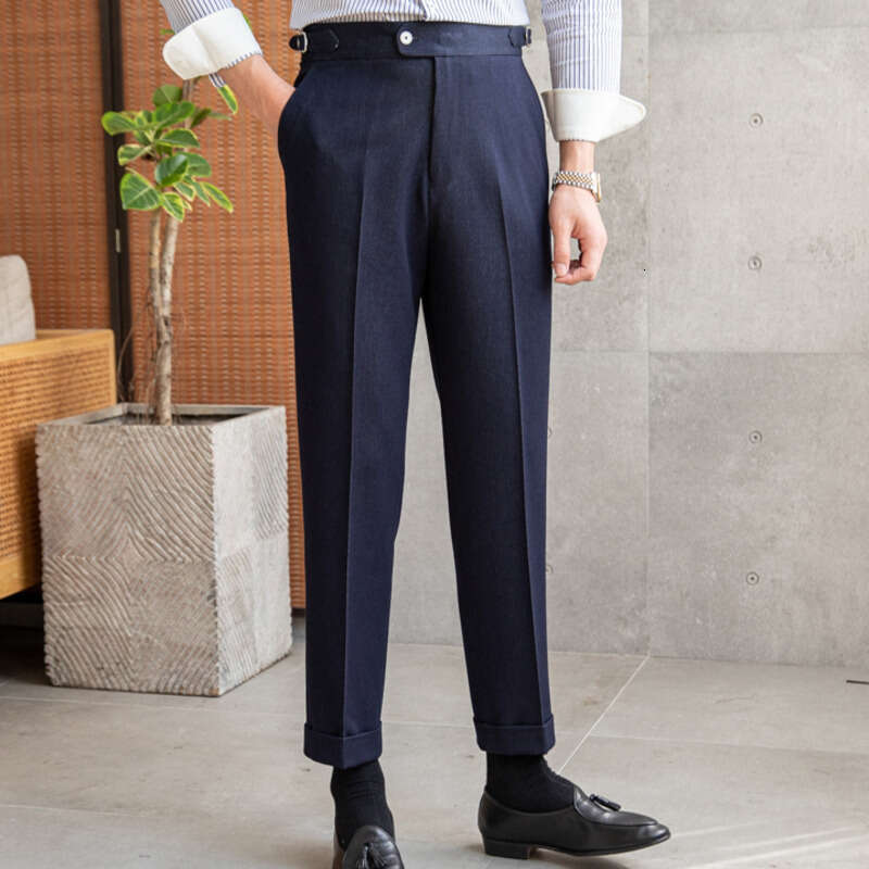 High Quality Men Blue Business Casual Trousers Pant For Man Office Trouser British Social Club Outfits Pantalones Hombre