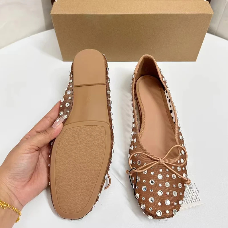 Metal Dots Breathable Mesh Boat Shoe Sandal Round Head Shallow Mouth Flat Shoes Summer Bow Knoit Flated For Woman 241028