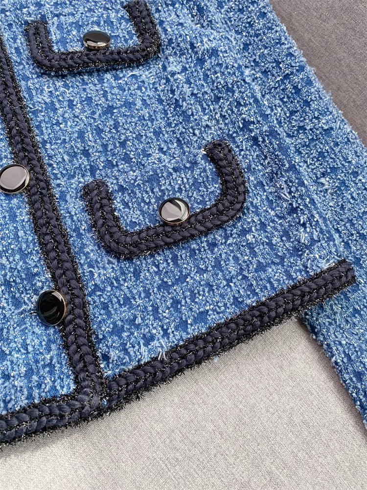 2025 Spring Sky Blue Two Piece Dress Sets Long Sleeve Round Neck Tweed Single-Breasted Coat + Buttons Skirt Set Two Piece Suits M5A028639 Check Size C