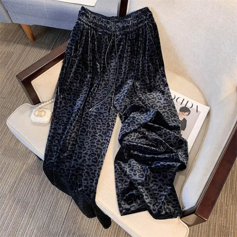Deeptown Retro Leopard Harajuku Womens Pants Animal Printed Elastic Waist Wide Leg Bag Trouser American Retro Autumn Casual 241021