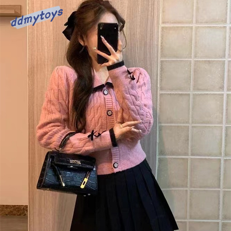 Ddmytoys Autumn New Korean Gentle Short Pink Temperament Knitted Cardigan Women Small Fragrant Style Jacket Soft Glutinous Sweater Women F1023#43
