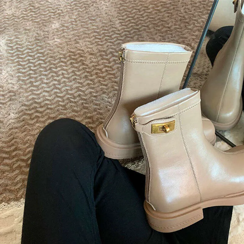 2024 Womens Boots Are Waterproof Warm New British Wind Round Head Back Zipper Bottom Thick Split Leather Short Boots Women