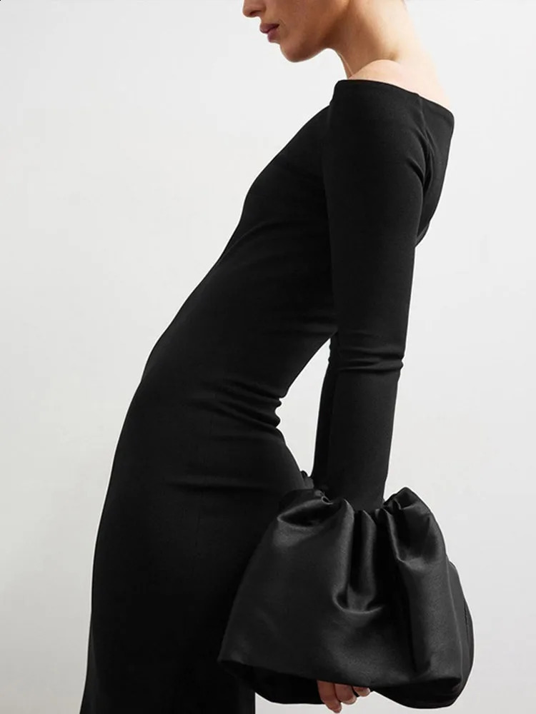 Off Shoulder Long Dresses Flower Bud Cuff Slim Fit Elegant Women Dress Long Sleeved Slimming Fashion Party Evening Robes Summer 241021