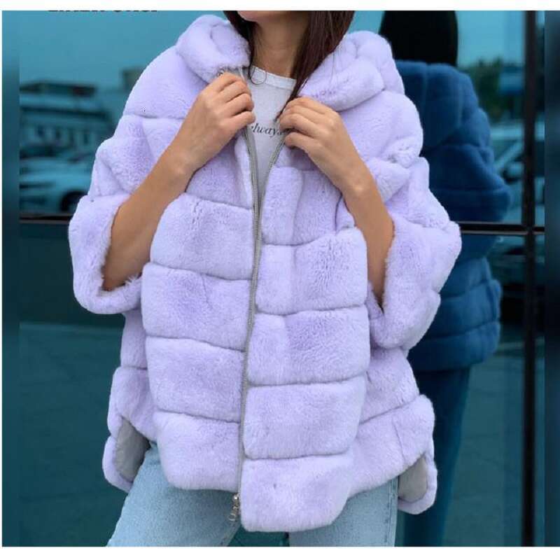Real Rex Rabbit Fur Coat for Women Jacket with Hood Batwing Sleeve Furry Half Sleeve Casual Loose Zipper Winter Cloth