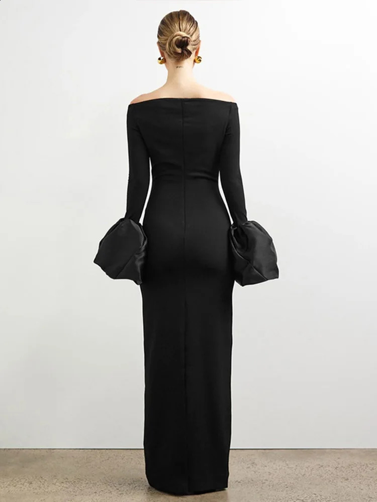 Off Shoulder Long Dresses Flower Bud Cuff Slim Fit Elegant Women Dress Long Sleeved Slimming Fashion Party Evening Robes Summer 241021