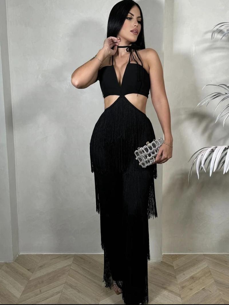 Casual Dresses Wowen Sexy Tassel Halter Bandag Dress Elegant Backless Lace Up Sleeveless Slim Long Jumpsuit Fashion Night Party Vestidos