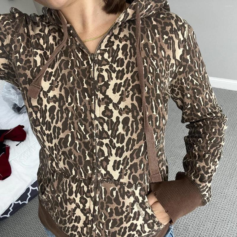 Women's Hoodies Leopard Print Sweatshirts Vintage Grunge Drawstring Womens Coats Autumn Zippers Casual Aesthetic Slim Streetwear EMO B3