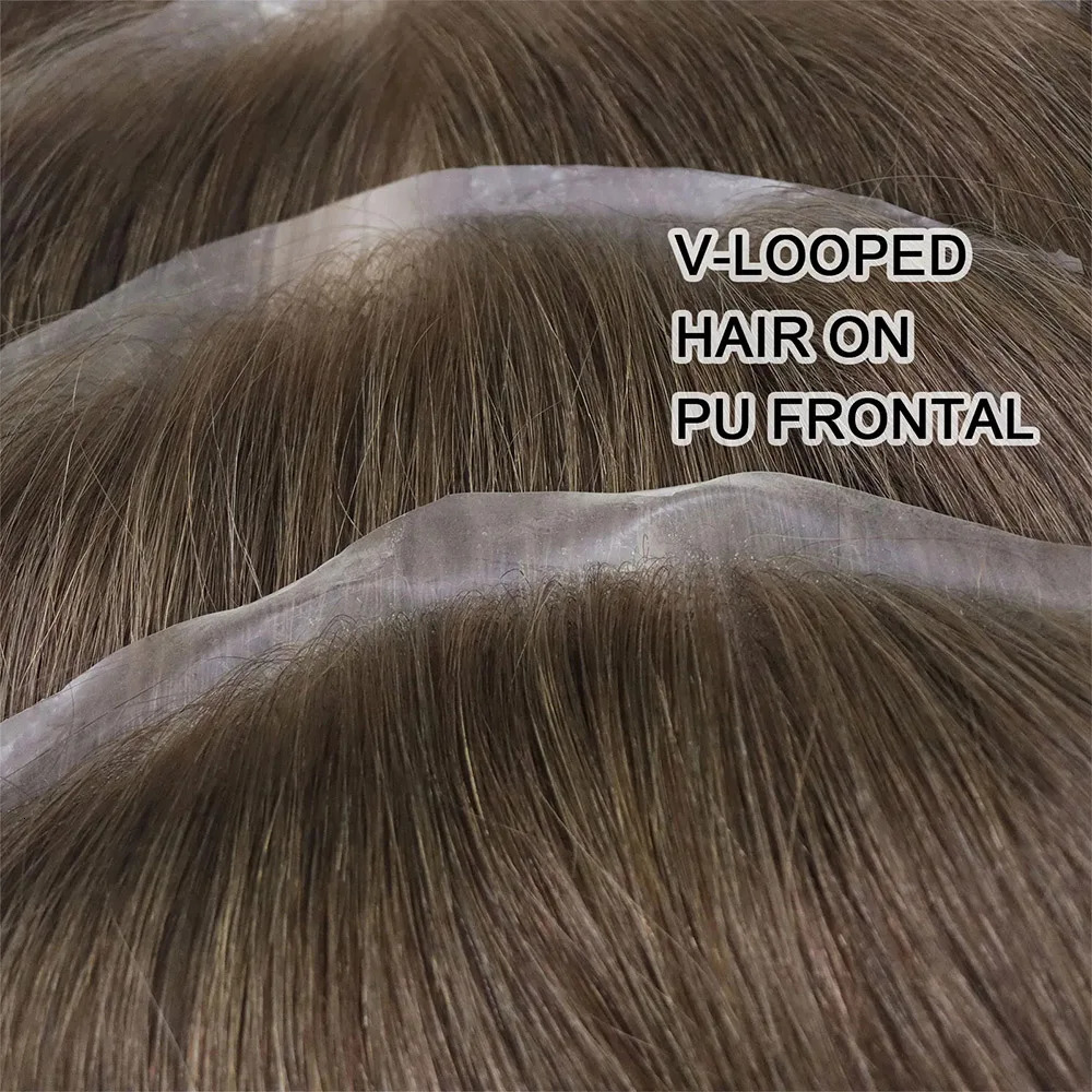 Brown Human Hair Frontal Toupee for Men V Loop Straight 100% Human Hair Forehead Hairline Man Remy Hair Thin Skin PU Prosthesis 241102