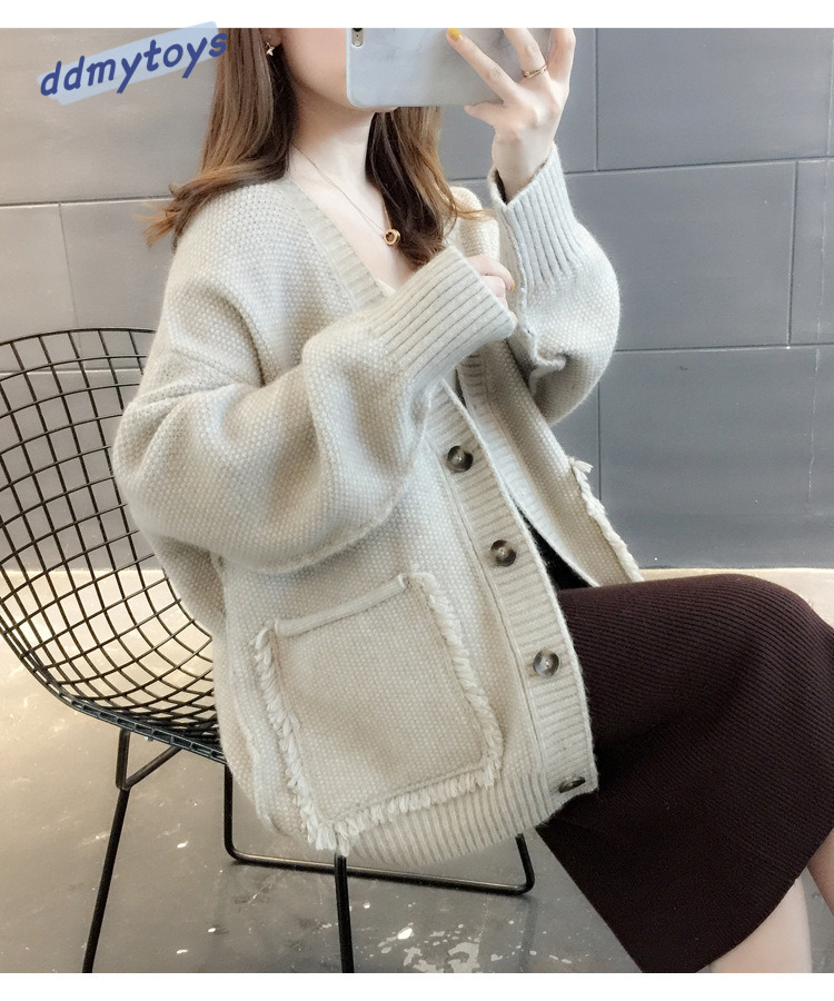 Ddmytoys Autumn New Large Pocket V Neck Japanese Korean College Style Solid Color Loose And Versatile Knitted Cardigan Sweater Jacket F1023#38