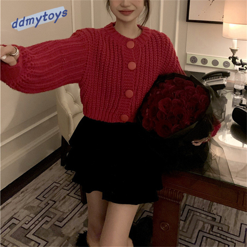Ddmytoys Autumn New Solid Color Yarn Ingot Needle Round Neck Short Knitted Cardigan For Women Loose And Slimming Casual Sweater F1023#35